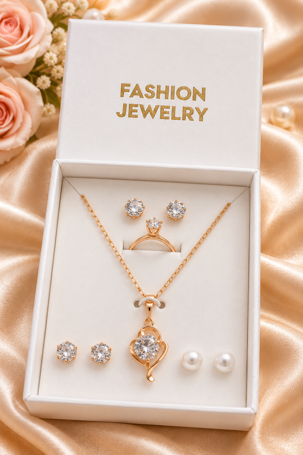 8 Pc Heart Pearl Pendant Necklace Set for Women & Girls | Silver Color Crystal Heart Locket with Pearl Chain | Matching Earrings & Ring Jewelry Set | Elegant Fashion Necklace Set | Party Wear Gift Jewelry | Bridal Engagement Birthday Gift