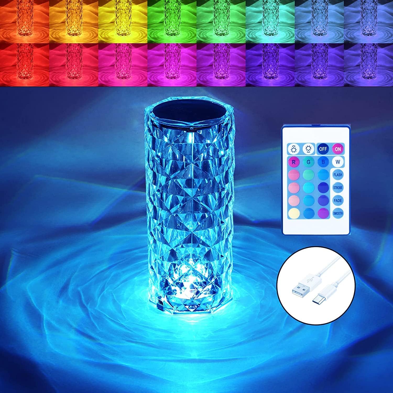 Crystal Lamp, Rose Diamond Table Lamp, 16 Colors RGB With Touch And