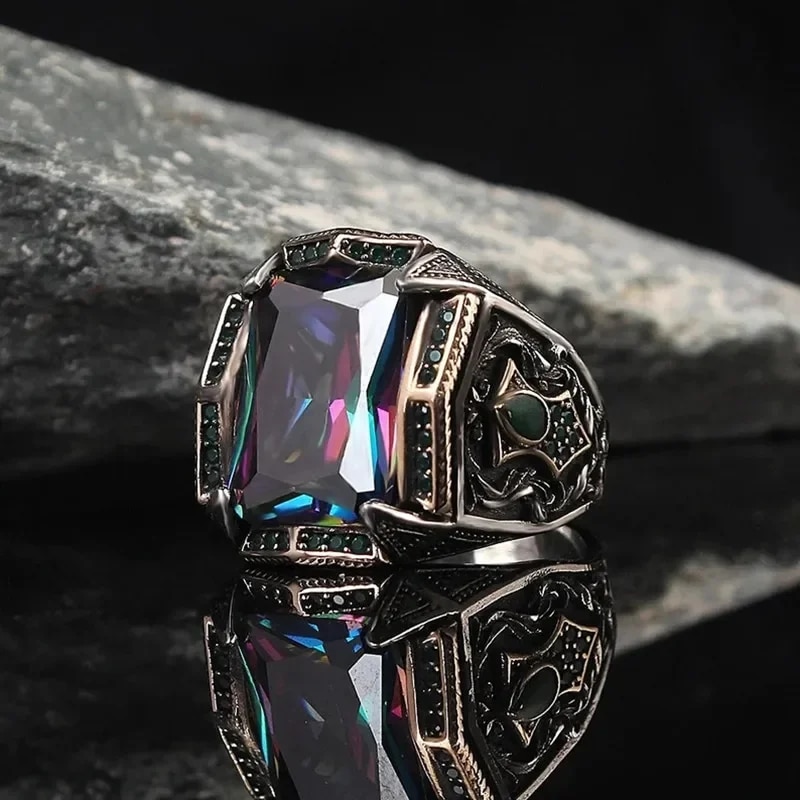 Classic Retro Rainbow Men Rings Silver Color Carving Pattern