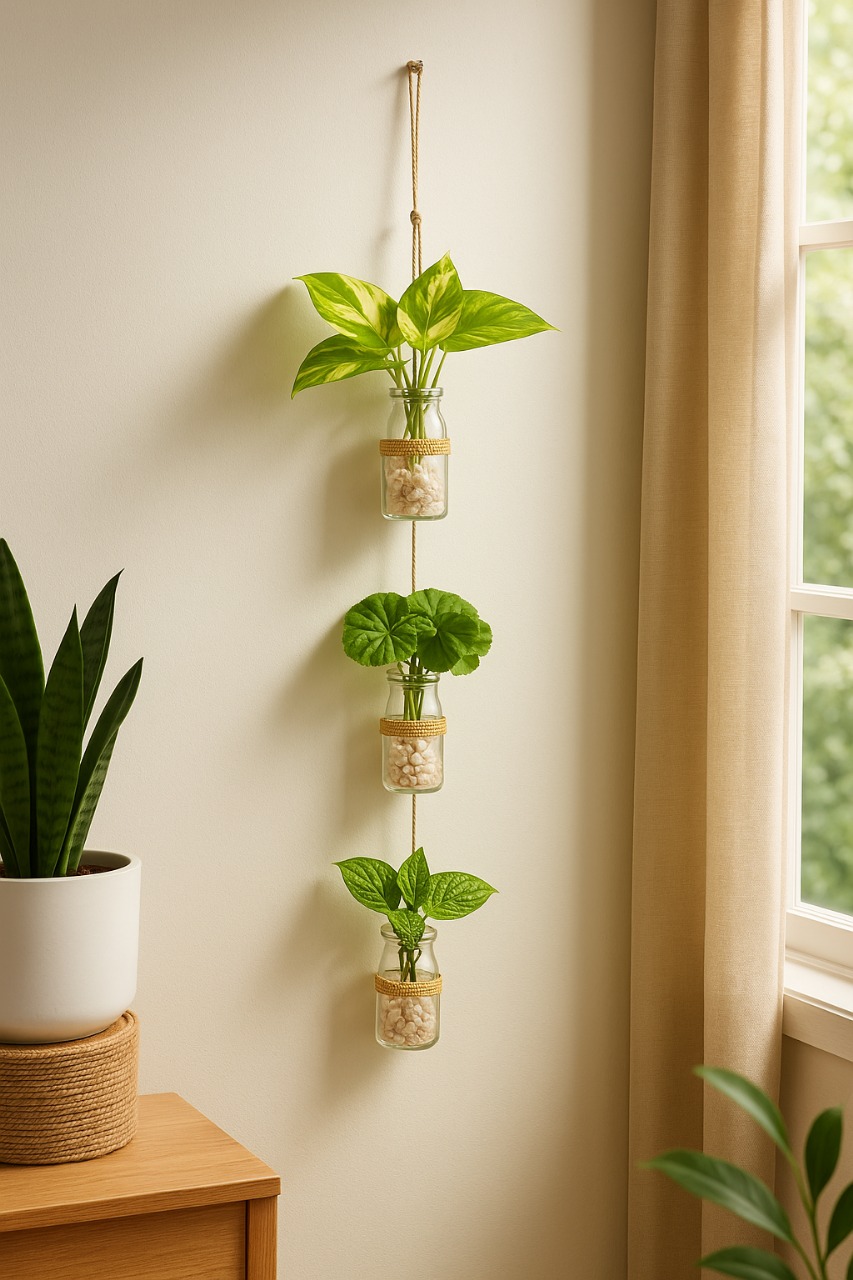 Hanging Bloom Bottles Wall Decor with Artificial Plants, Jute Rope and Decorative Stones