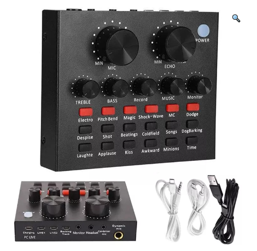 Mini V8 Sound Card & V10 Sound Card Bluetooth Audio Mixer & Voice Changer - 12 Sound Effects Lithium Rechargeable Battery - For Live Streaming & Broadcasting & Podcast - Compatible With PC Computer  - Black