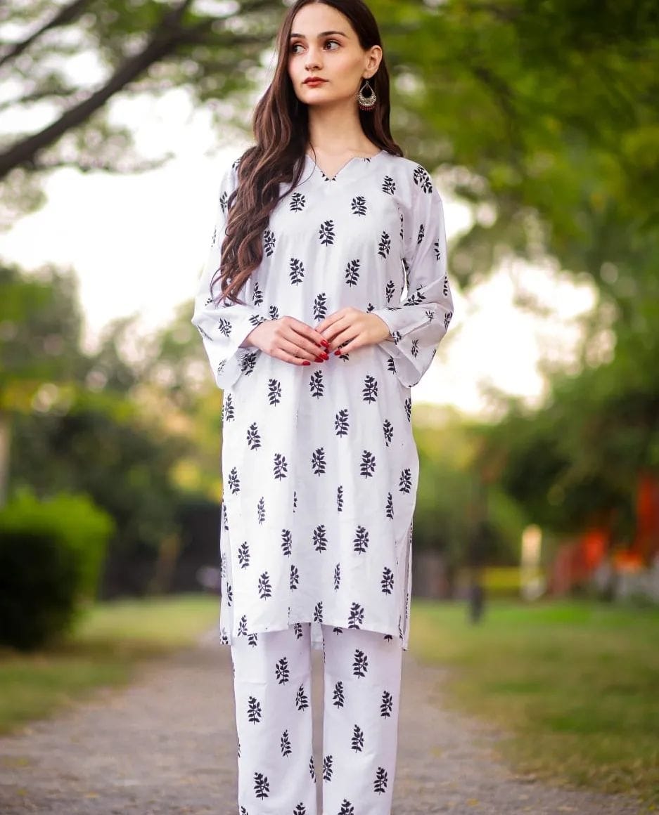 Stylish Collection Multicolor Leaf Printed Dress Summer Cotton Casual Shirt & Trouser Set Multicolor Fashion Stitched 2 piece suit for women and girls