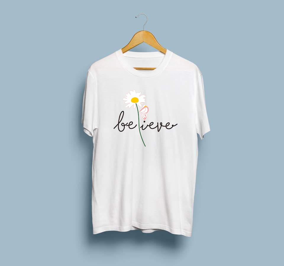 Summer Collection Casual Wear Believe Flower Printed T-shirt Cotton Jersey Trendy Elegant Fashion tshirt Gym Sports Outdoor  Casual wear t-shirt for Women at Full Circle Clothing