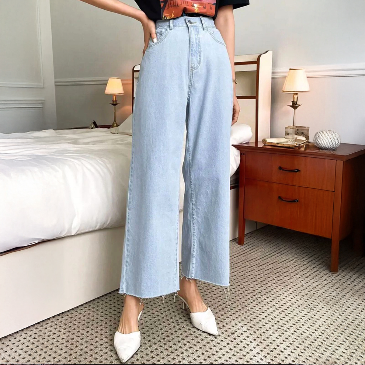 Highwaist Crop Ripped Wide Leg Denim Jeans for Women/Girls – Ice Blue, Stylish & Comfortable, Perfect for Outdoor Occasions