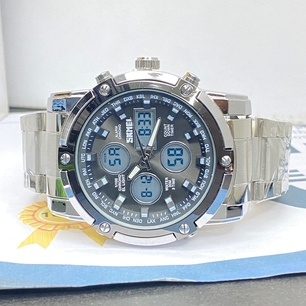 SMK 1389 Dual Time Chain Watch with Analog-Digital Display Stainless Steel Case Waterproof Alarm Stopwatch & LED Light for Men