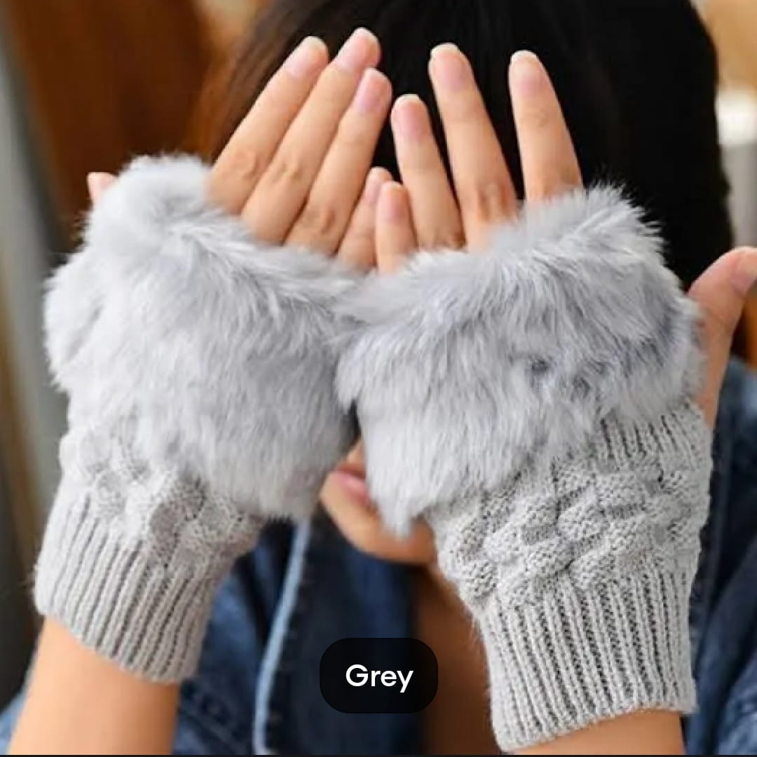 Fashion Women Faux Rabbit Fur Knitted Fingerless Gloves | Hand Wrist Warmer Half Finger Mittens for Winter"