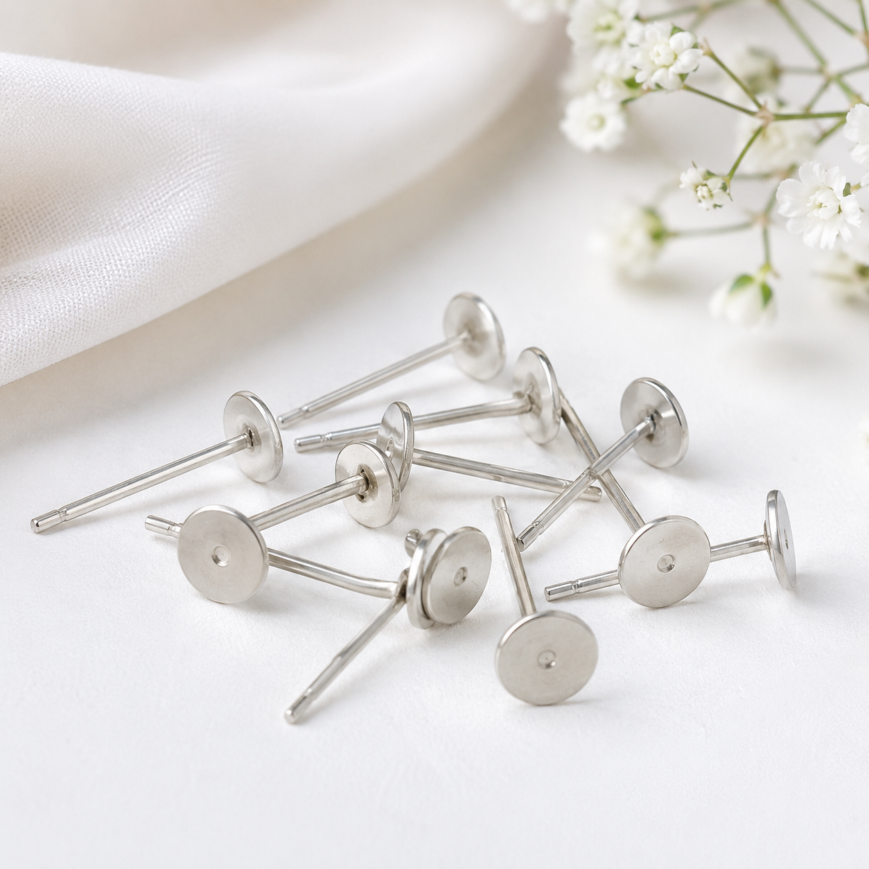 5mm Flat Pad Earring Posts with Silicone Backs | Gold & Silver Ear Stud Pins for DIY Jewelry Making | Hypoallergenic Earring Findings