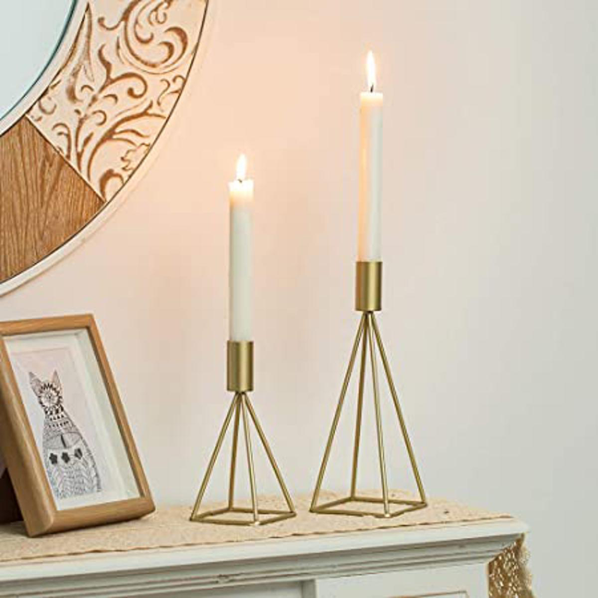 Geometric Wire Taper Candle Holders Set of 2, Modern Minimalist Metal Candlestick Holders in Gold Finish, for Home Decor, Fireplace, and Wedding Centerpieces