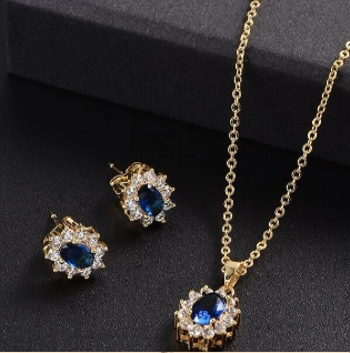 Royal Blue Crystal Stone Jewelry Set For Women Wedding Brides Necklace Set African style Oval Flower Design Shiny Cubic Zircon Plated