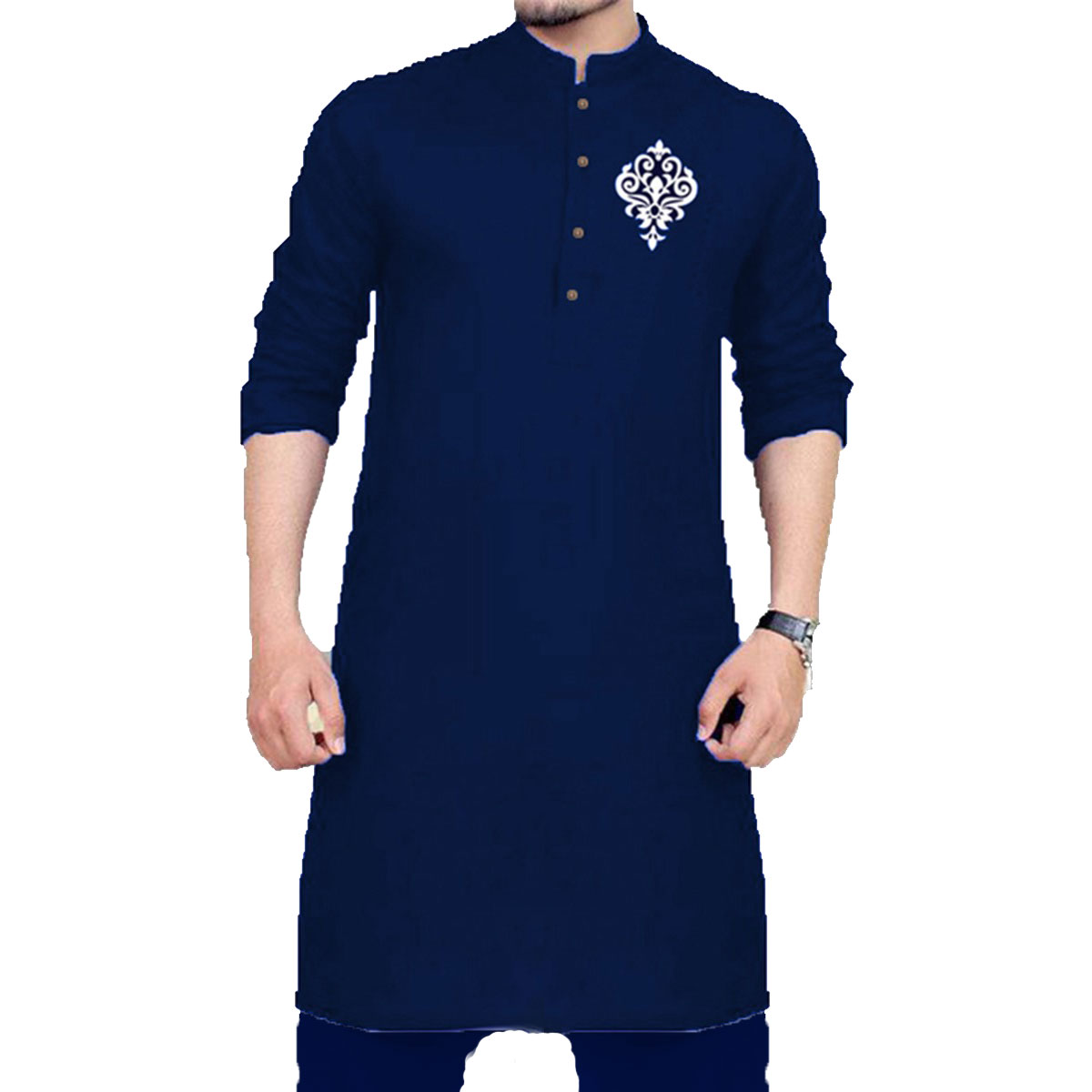 Stylish Navy Blue Chest Bunch Printed Men's and Boys Kurta Pajama