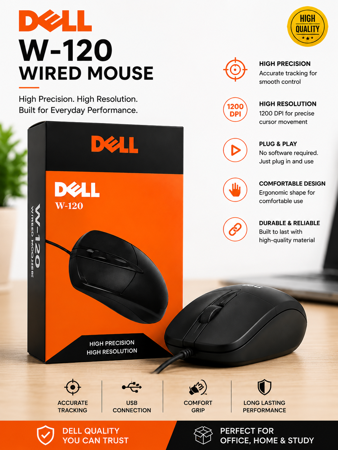 Mouse Premium Quality Dell Wired Mouse 1.5 Meter Cable Length Laptop PC Computer Mouse