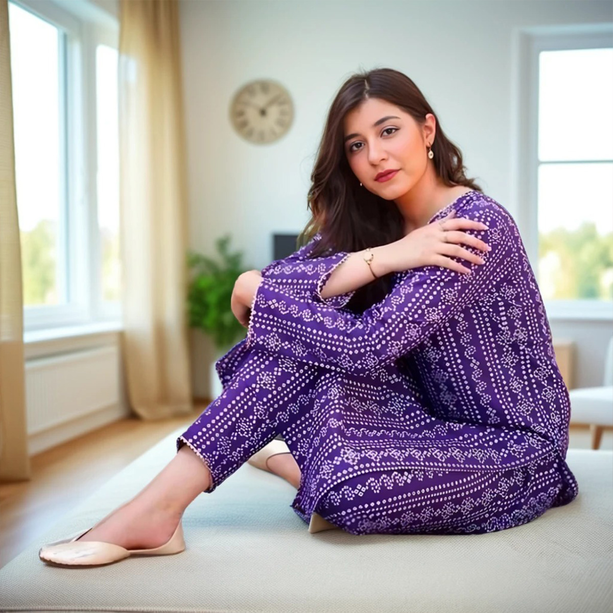 Stitched Chunri 2-Piece Suit for Women and Girls, Steam Printed Linen Dress with Trouser, Available in S-XL