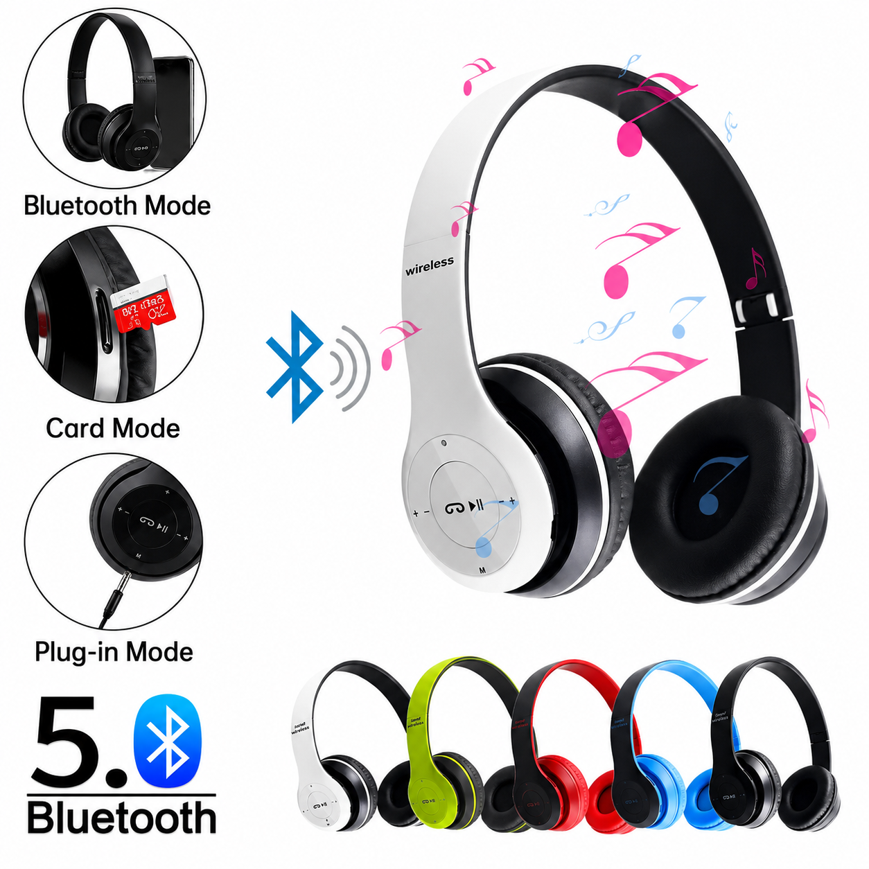 Wireless Headphones, P47 Bluetooth Foldable Headset with Microphone Support FM Radio TF for PC TV Smart Phones & Tablets Etc