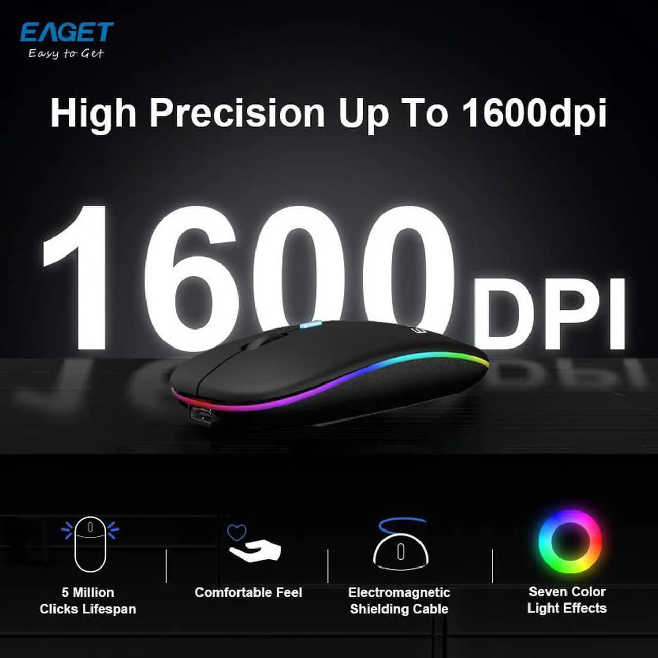 EAGET Wireless Bluetooth Mouse, Dual Mode Connectivity (Bluetooth 5.0 & 2.4G USB) Computer Mouse, Sleek, Portable, Compact Design