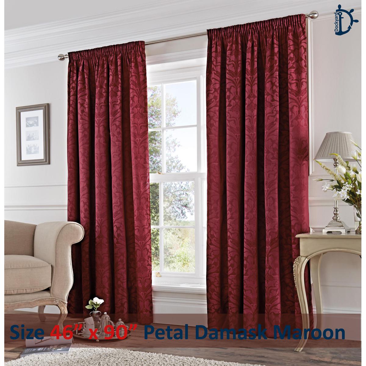 Jacquard Curtains Set, Lined Tape Top Curtains - Petal Damask Maroon Red - Pack of 2 with FREE Tie Back