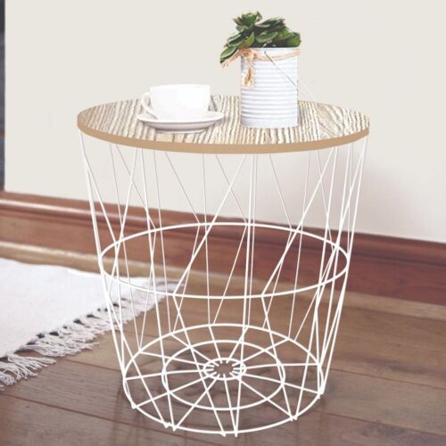 METAL WIRE REMOVABLE WOOD TOP FOLDABLE ROUND COFFEE SIDE TABLE STORAGE BASKET( 16 L 16 W 18.5 H )