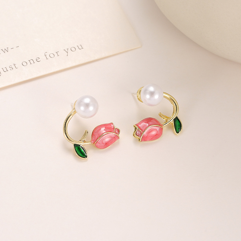 Tulip Flower Pearl Stud Earrings for Women and girl jewelry Exquisite Pearl Earring Party Jewelry