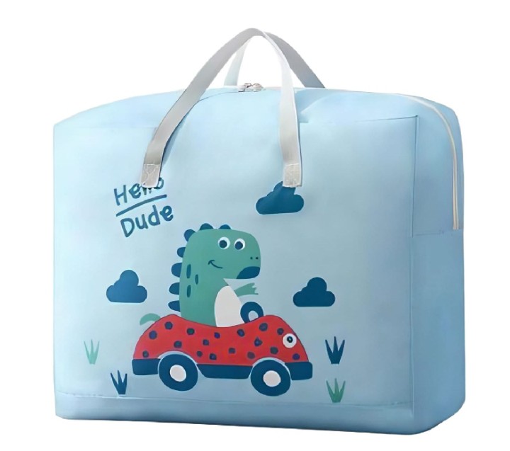 Multi-Purpose Wardrobe Dino Bag with Cartoon Pattern, Double Zipper Quilt Storage, Bedsheet and Blanket Storage Box, Foldable Travel Bag for Women, Handbags, and Luggage