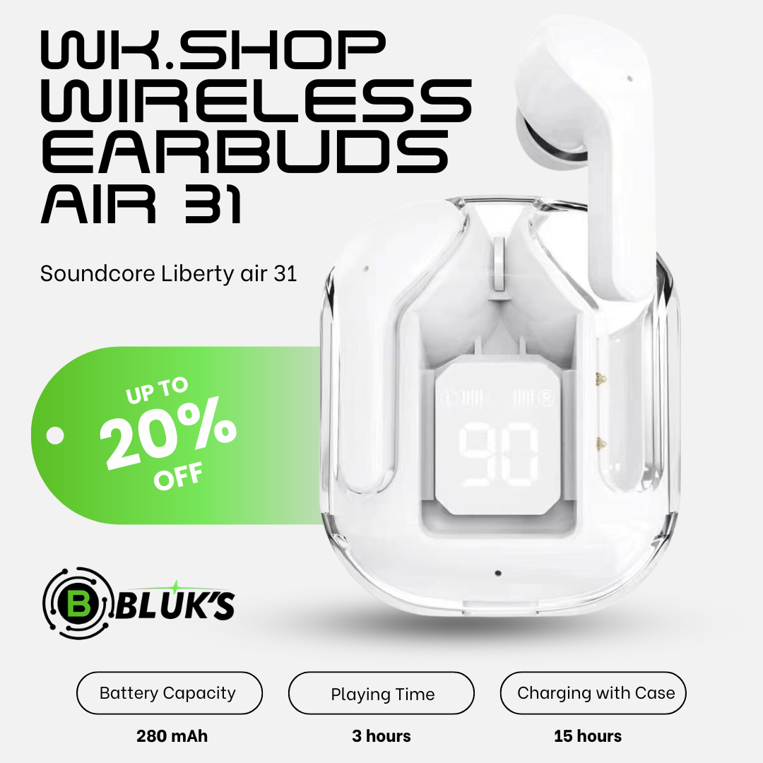 WKSHOP Air 31 Transparent Wireless Earbuds Bluetooth 5.3 TWS Earphones HD Bass Touch Control Noise Reduction Gaming Earbuds Long Battery Stereo Sound Compatible with Android iOS Mobile Phones Charging Case Low Latency Handsfree Music Ear Buds