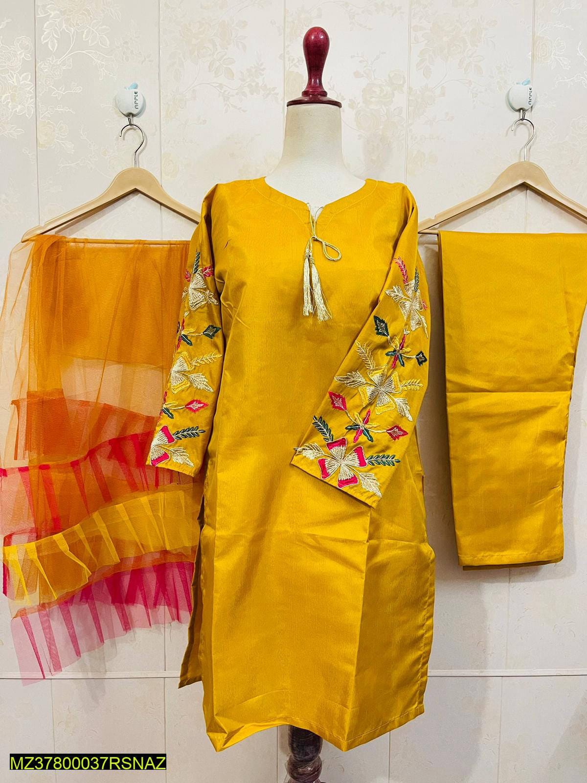 Katan Silk Fancy Net Dupatta Embroidery Three Pieces For Girls.