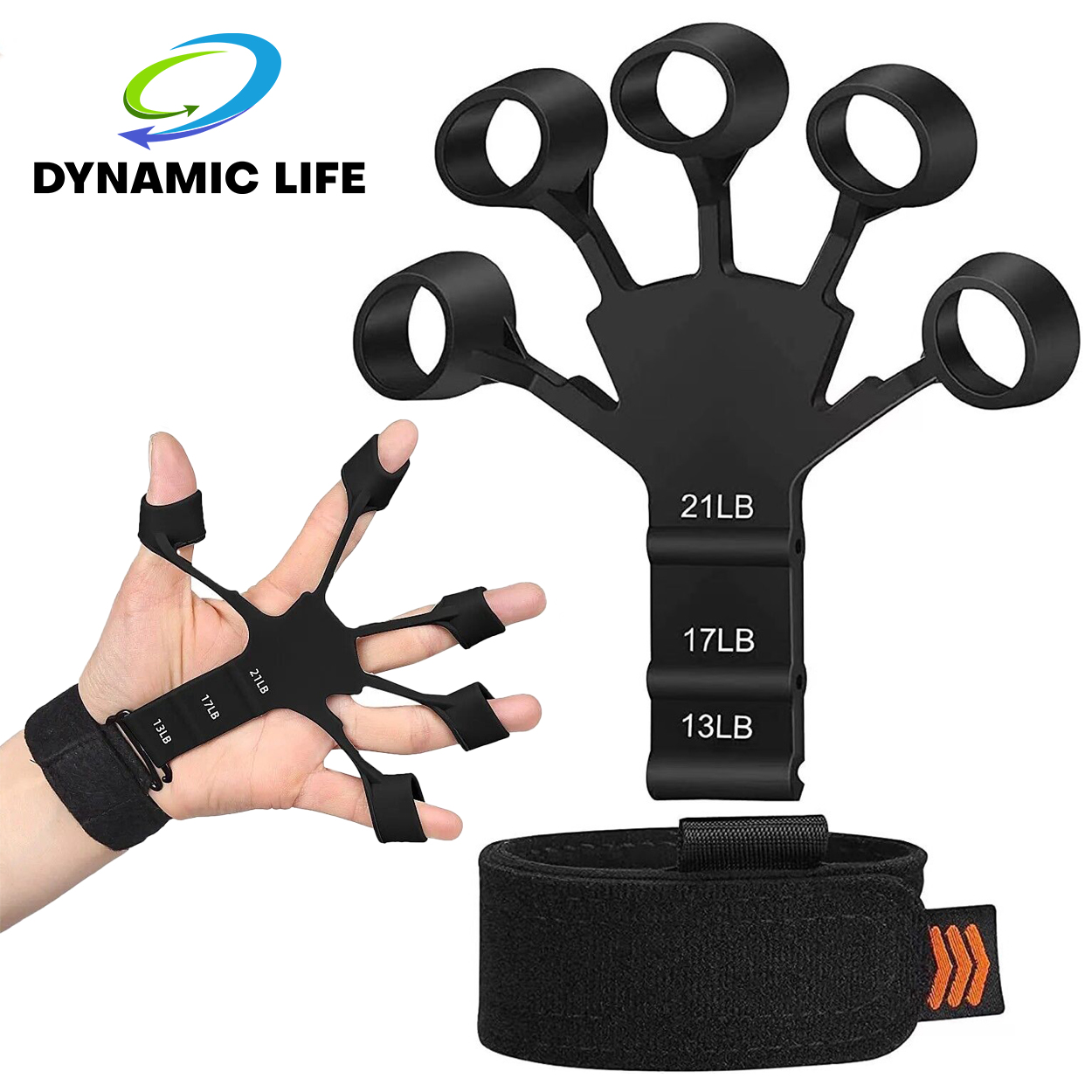 Dynamic Life Silicone Finger Gripper & Hand Strengthener| Finger Exerciser Guitar Band| Patients Rehabilitation Grip Strength Trainer with Different Resistance Levels| 5 Finger Hand Wrist Forearm Trainer Home & Gym Workout
