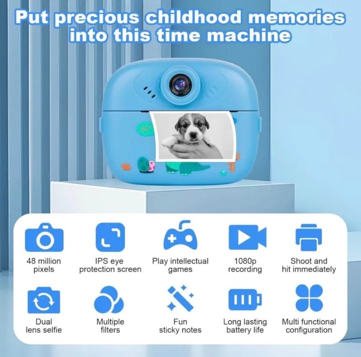 Instant Print Camera for Kids with Flipped Lens Zero Ink Kids Camera Digital Camera with 1 Rolls Print