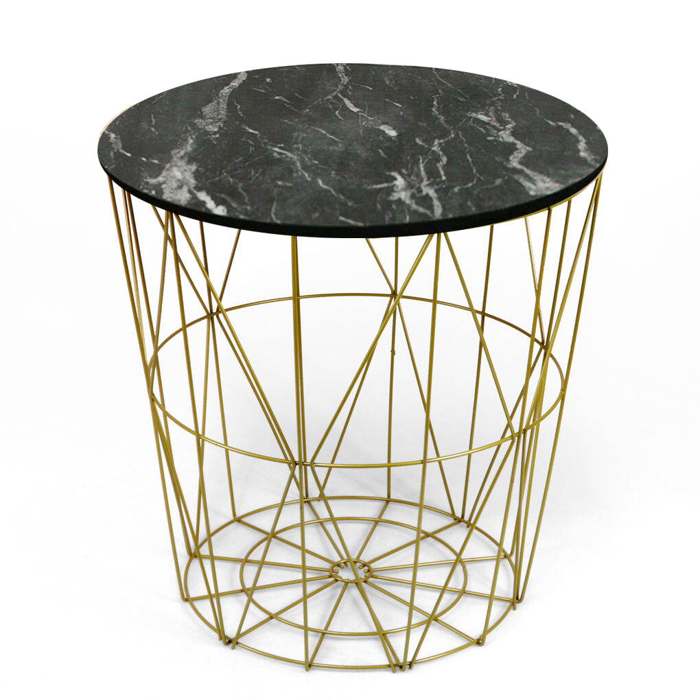 METAL WIRE REMOVABLE WOOD TOP FOLDABLE ROUND COFFEE SIDE TABLE STORAGE BASKET( 16 L 16 W 18.5 H )