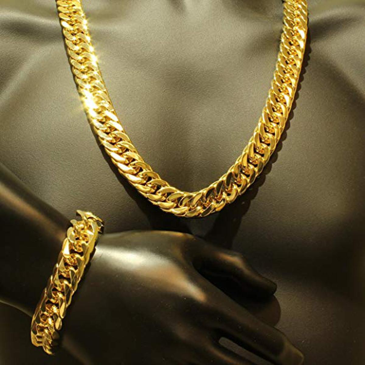 New Stylish Stainless Steel Golden Cuban Chain with Bracelet For Men
