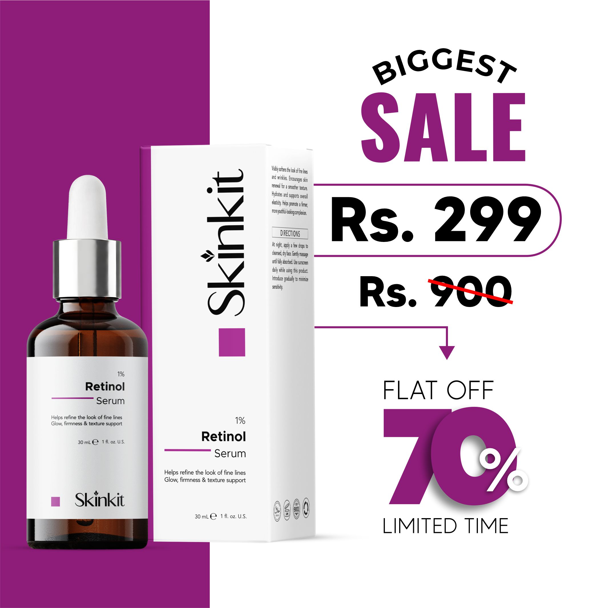 Skinkit Retinol 1% Serum with Niacinamide & Hyaluronic Acid | Anti-Aging & Wrinkle Reduction Serum | Brightening, Hydrating & Skin Renewal Night Serum for Men & Women | Fine Lines & Dark Spot Care Pakistan