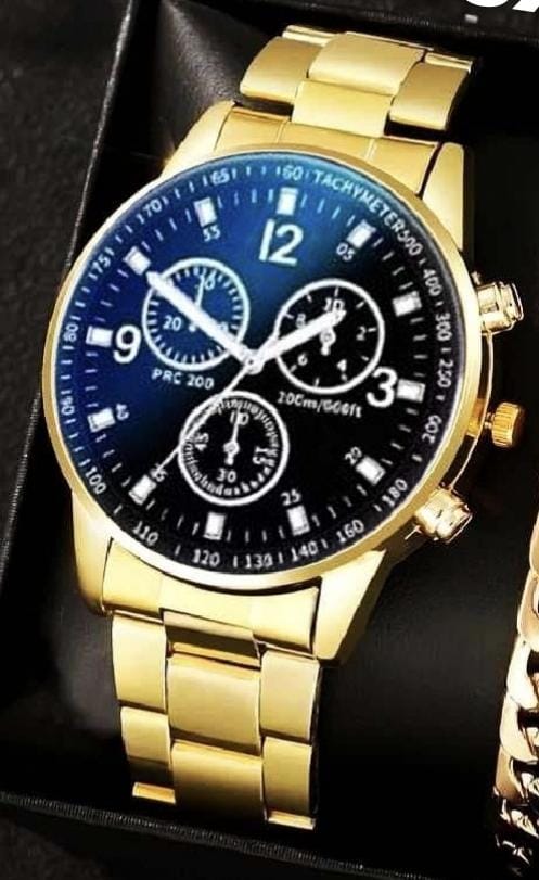 Latest Design Golden 2025 Watch Gold Men Blue Business Watches + Bracelet + Cuban Chain Bracelet +3D Bar Locket  With Chain+Ring -High Quality In Random Dial watch Design With Stainless Steel Strap + Bracelet Chain + Necklace + Ring For Boys Men