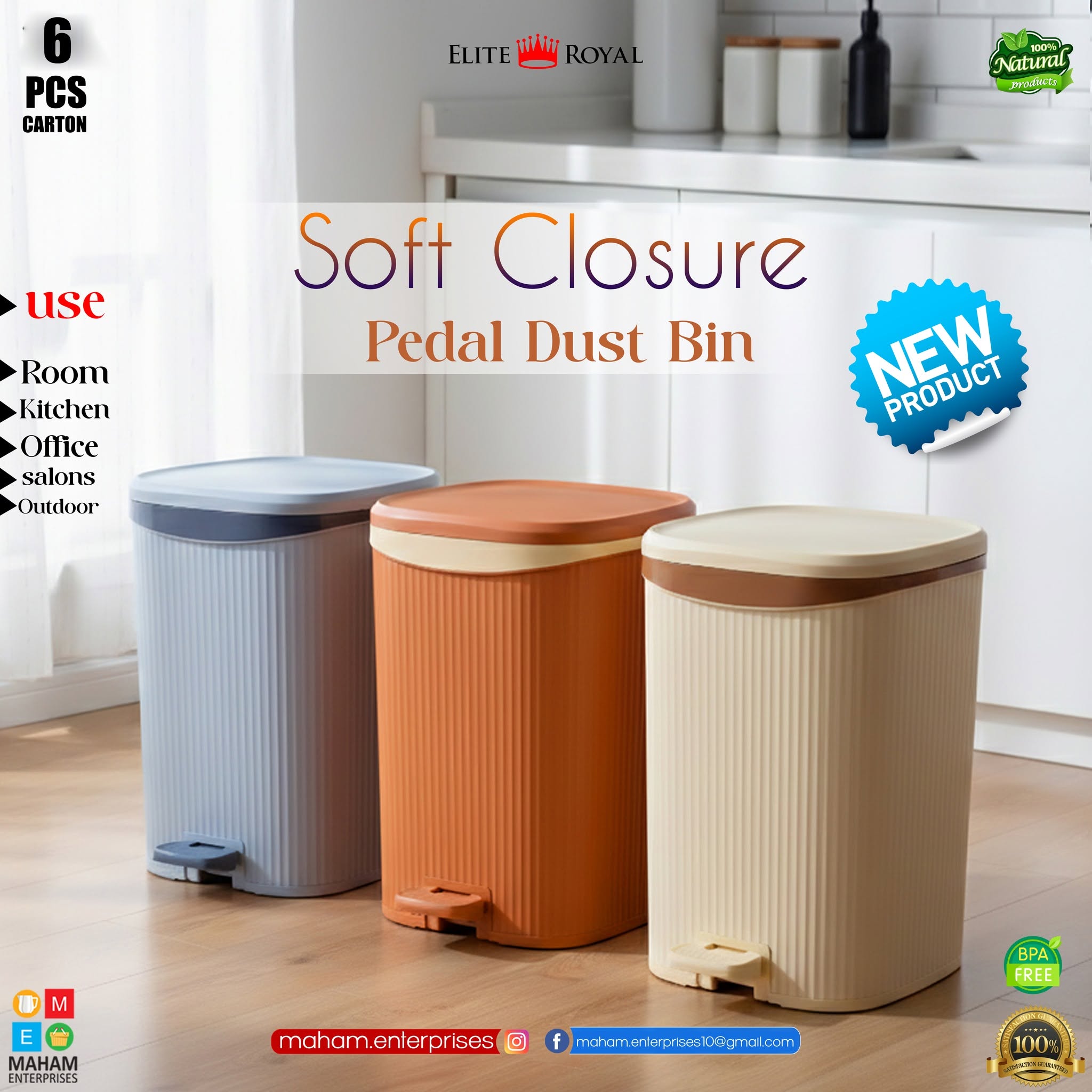 Soft Closure 15L Pedal Dustbin Recycle Bin with Plastic Bucket Unbreakable Material