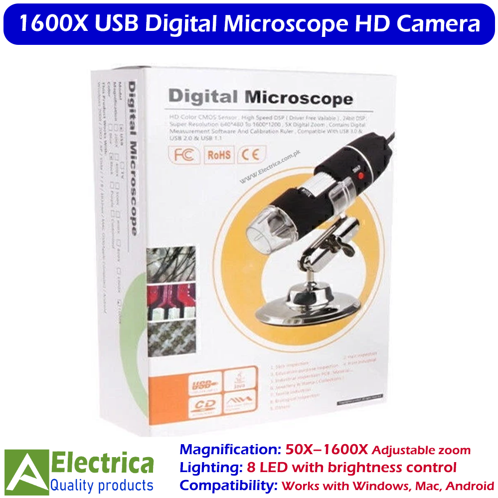 Digital Microscope 50-1600x Magnification - USB HD Camera With LED Lights For Phones & PC