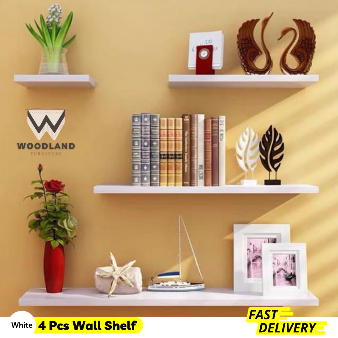 Wood Land Wall Mounted White & Black Floating Shelves, Book Storage
