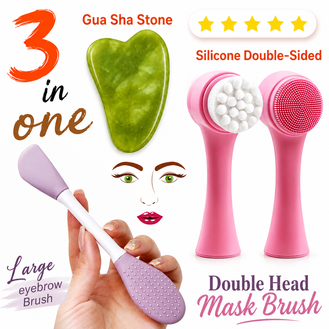 Premium Jade Gua Sha and Silicone Face Cleansing Brush Duo Pack - Anti-Aging, Brightening Skin Care Tool