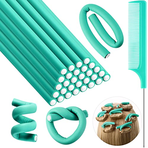 Flexible Curling Rods Twist Foam Hair Rollers Soft Foam No Heat Hair Rods Rollers and 1 Steel Pintail Comb Rat Tail Comb for Women Long Short Hair