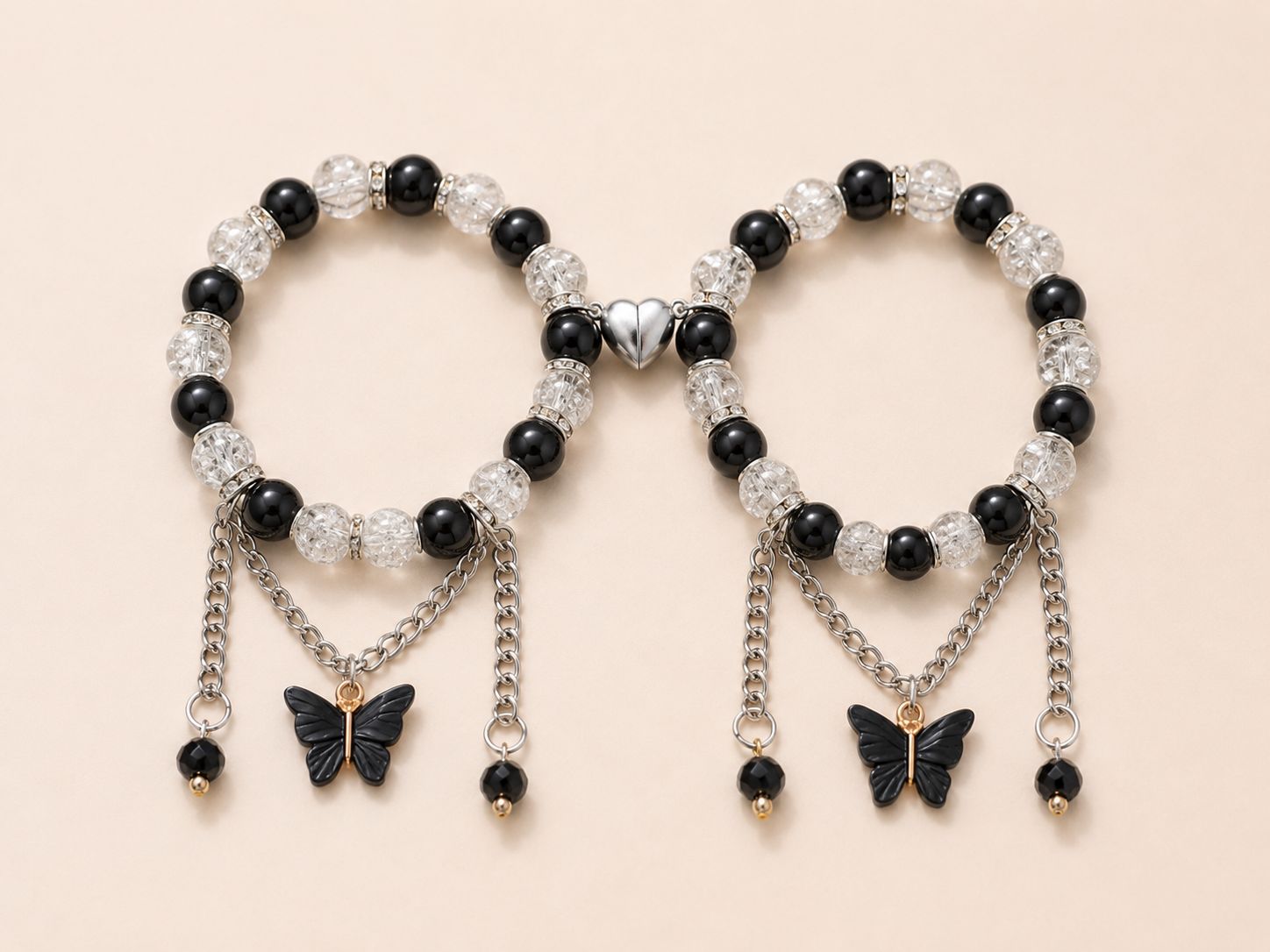 Svelte Trinkets Beautiful Butterfly Charm Handmade Bracelet  | Glass Bead Friendship Magnetic Heart Charm Bracelet for Women Girls Best Friends Gift | Fashion Jewelry for Women Girls