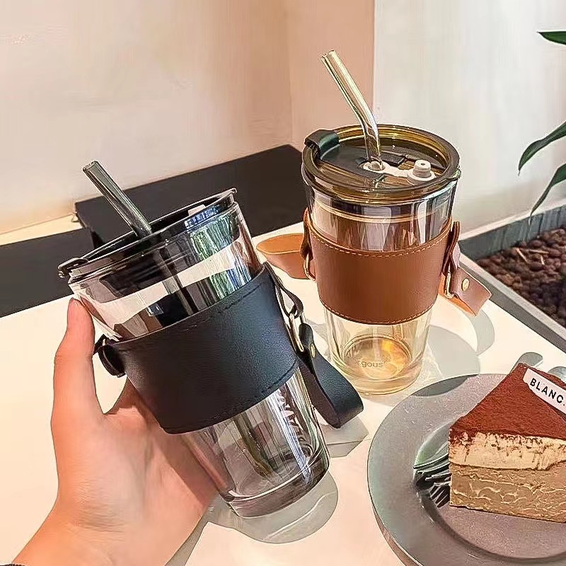 450ml Glass Tumbler with Straw, Lid & Leather Sleeve, Leather Sleeve