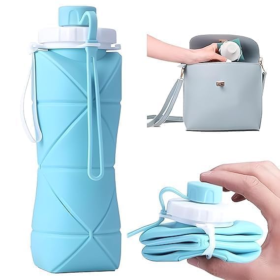Collapsible Water Bottles Leakproof Reusable Silicone Foldable Travel Water Bottle 600ml, Folding Silicone Water Bottle, Sports Water Bottle for Outdoor Fitness Cycling Hiking Sports Camping