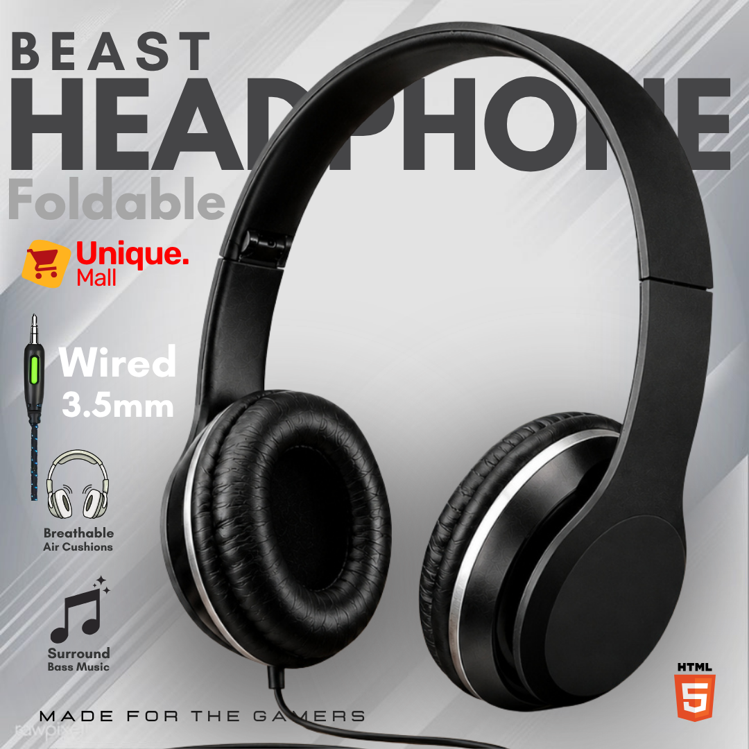 【BEAST】 Wired Over-Ear Headphones  No-Mic Pure Audio Studio Headphones  3.5mm Universal Plug & Play Wired Headset with Ultra HD Surround Sound & Deep Bass  Foldable Lightweight Music & Gaming Headphone – Unique Mall