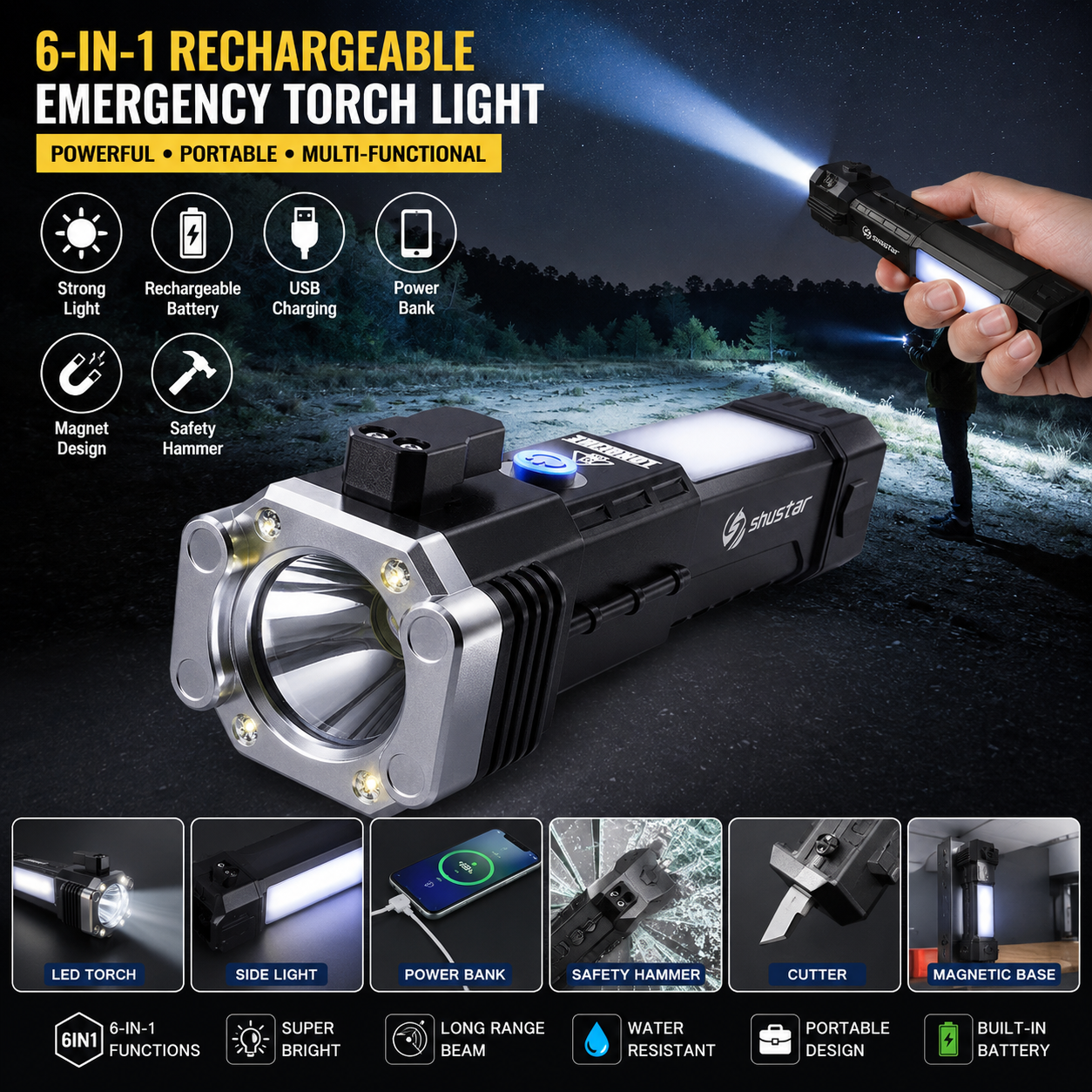 6-in-1 Multi-Function Rechargeable LED Torch Light with Power Bank – Ultra Bright Emergency Flashlight for Camping, Hiking & Home