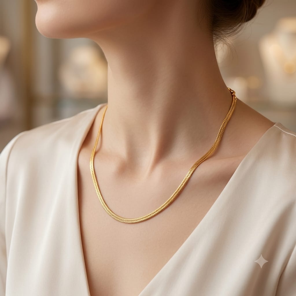 The Stylish Collection Elegant Artificial Golden Chain Necklace Flat Herringbone Texture