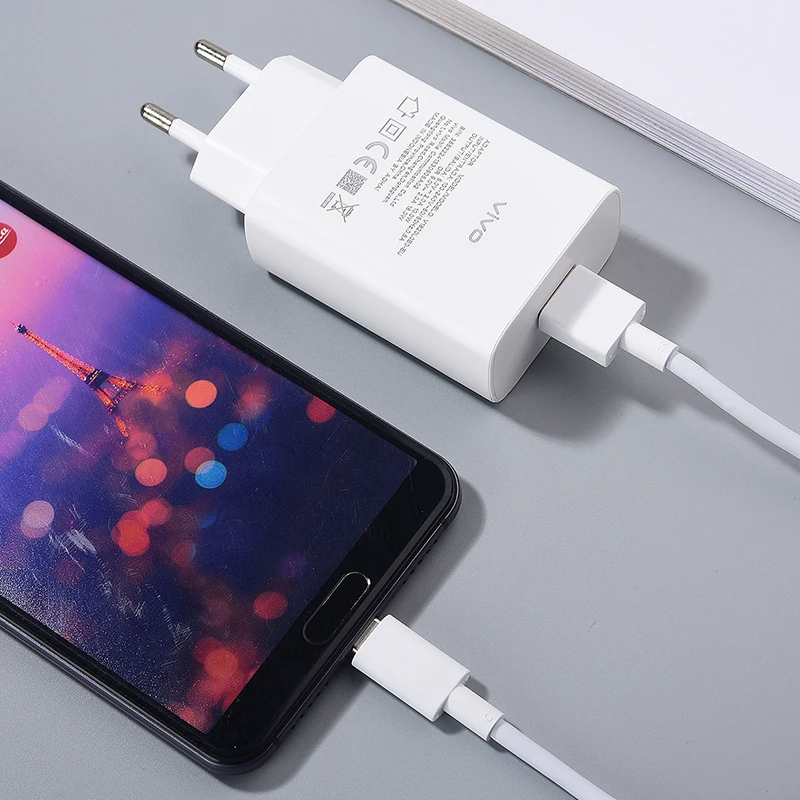 Original Vivo 18W Fast Charger Adapter - Quick Charge 3.0, Dual Engine, with Type C and Micro Data Cable