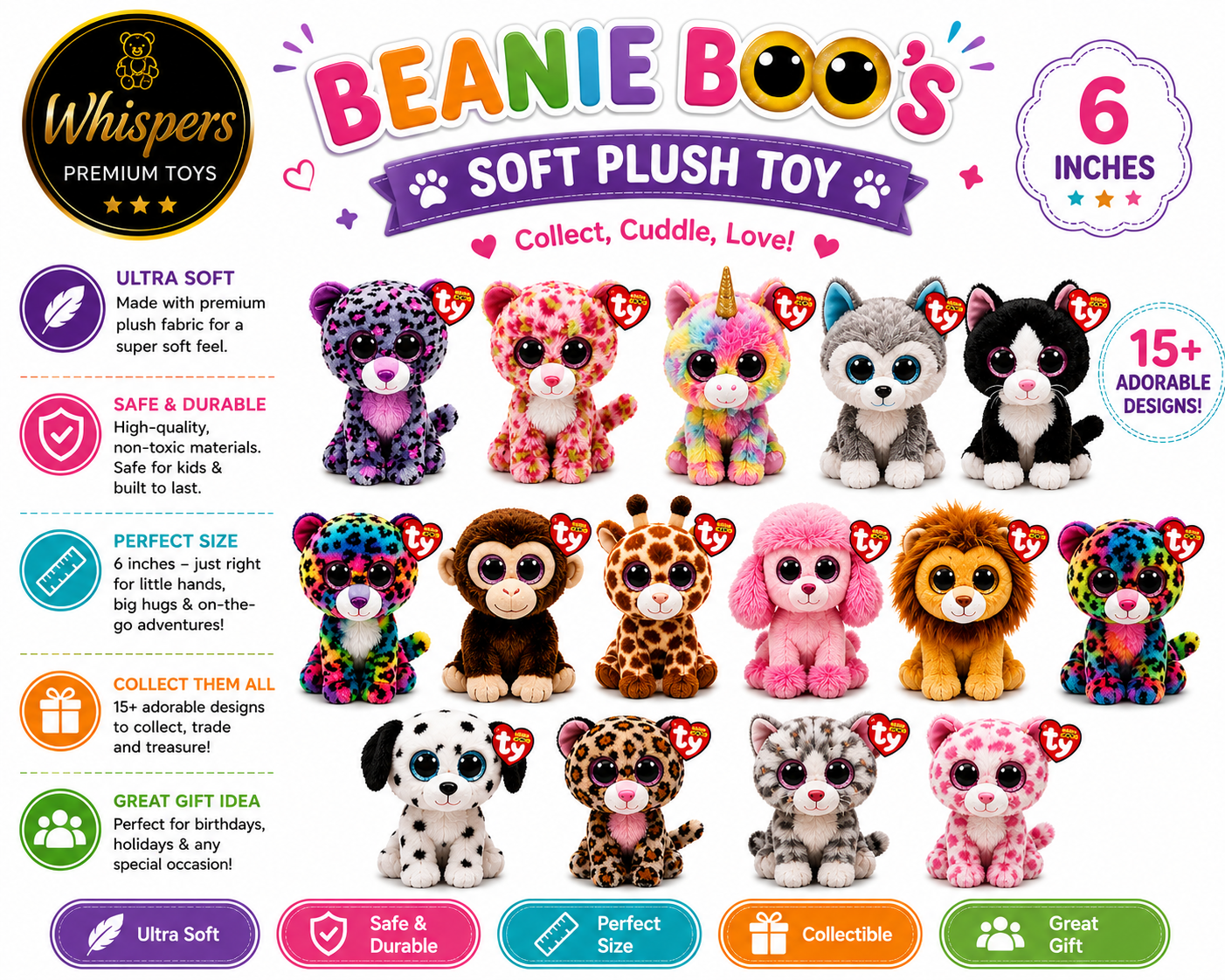 Ty Beanie Boos Stuffed Plush Toy - 6 inches  PREMIUM QUALITY