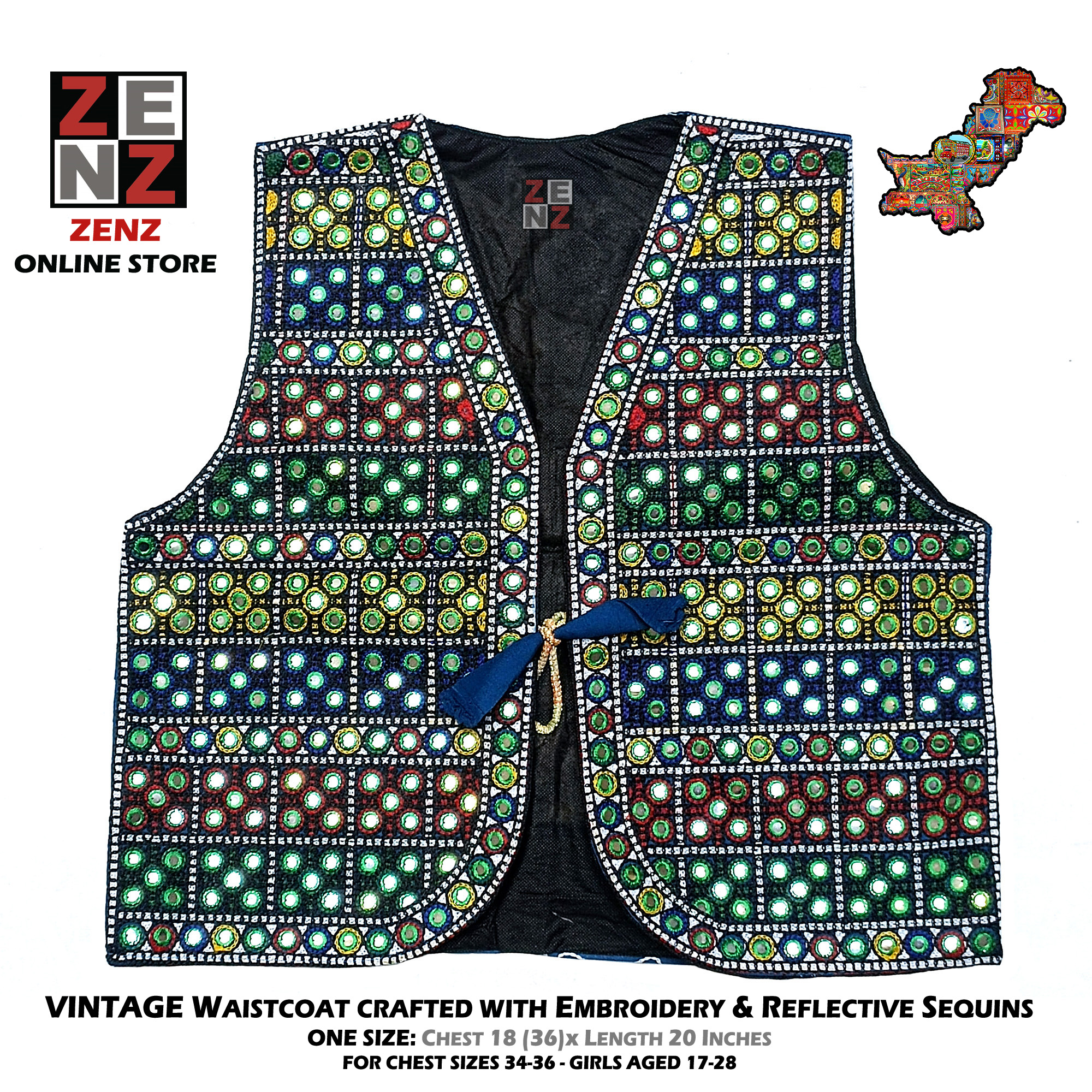 Pakistani Sindhi Balochi Pathan Kashmiri Traditional & Cultural Wear Waistcoat Koti Aari Embroidered Multicolor by ZENZ