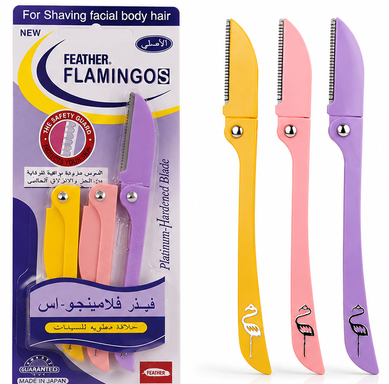 Original Japanese Pack Of 3- Feather Flamingo Facial Razor for Face, Eyebrows & Body shaving | 3-Piece Facial Touch-up Razor | Flamingo Facial Razors for Face, Eyebrows & Body Hair Removal