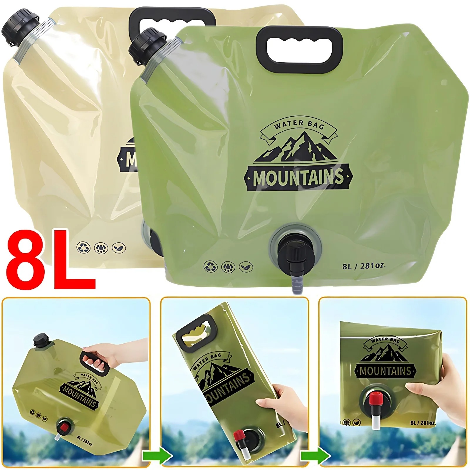 8L Portable Folding Water Bag | Collapsible Water Container with Tap & Handle | Leak-Proof Camping Water Storage Bag | Outdoor Travel Water Jug | Hiking Picnic Emergency Water Carrier