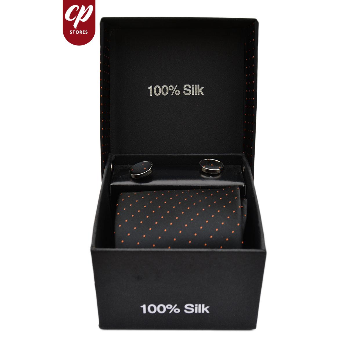 Cut Price Tie Gift Box Set 3 Pcs Tie Cuff-Link Pocket Square Black Orange Doted Lines