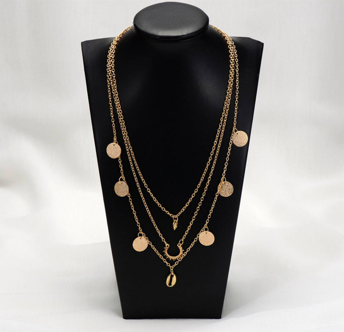 Golden Multi-layered Necklace Featuring Sun Shaped Necklace Gift For Girls Triple Layered Chain With Charms