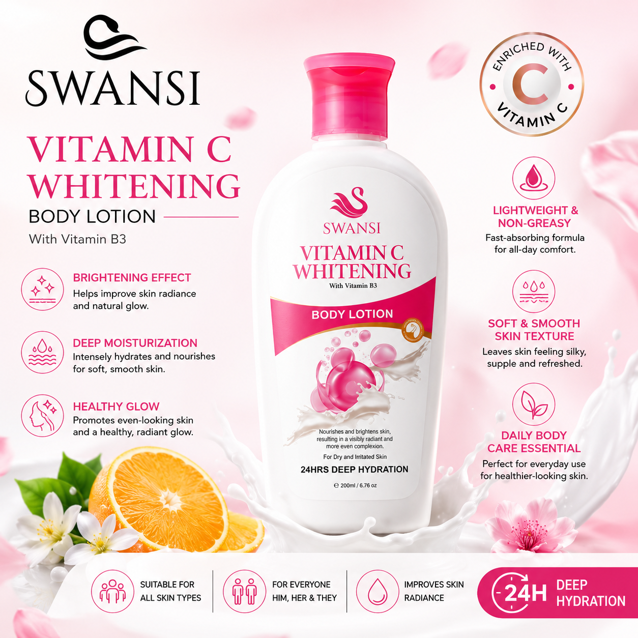 Swansi Vitamin C Whitening Body Lotion 200ml | Deep Moisturization | Improves Skin Radiance & Healthy Glow | Lightweight Daily Body Care