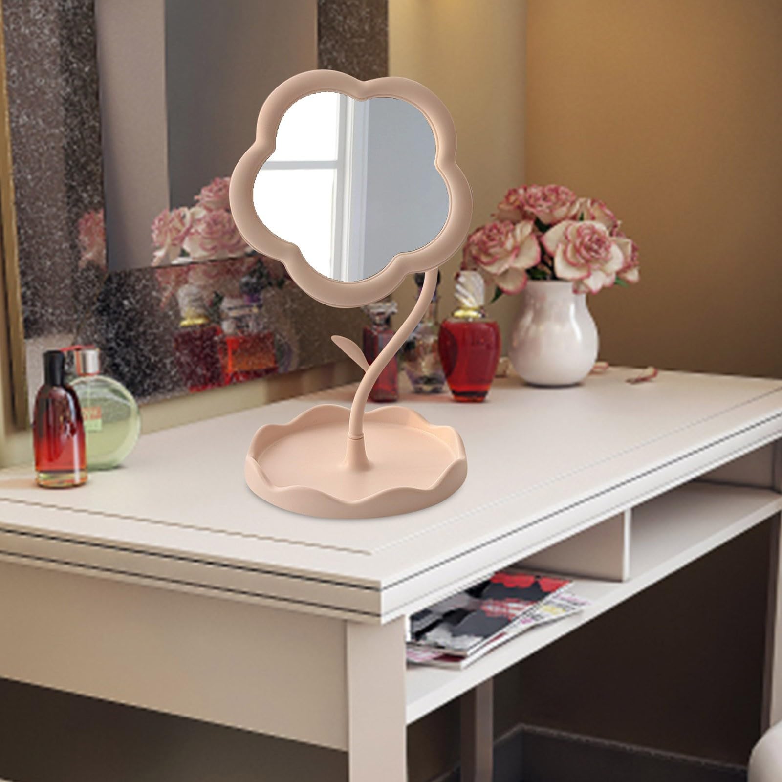Random Color Desktop Table Stand Cosmetic Mirror With Rotatable Flower Style Make Up Stand Mirror,